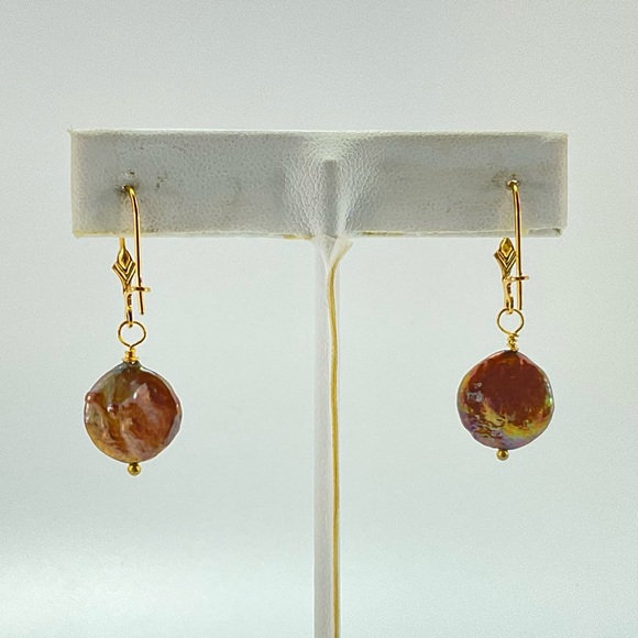 Copper Color Pearl Earrings, Handmad, Genuine Fresh Water Coin Pearl, Gold Plate - Picture 5 of 7